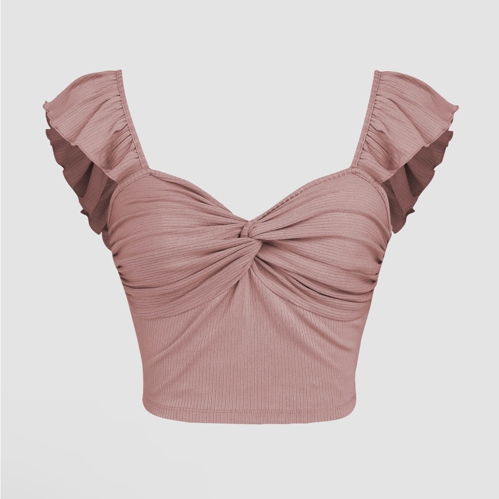 Cider. Knot-Front Ruffle Sleeve Crop Top - pink